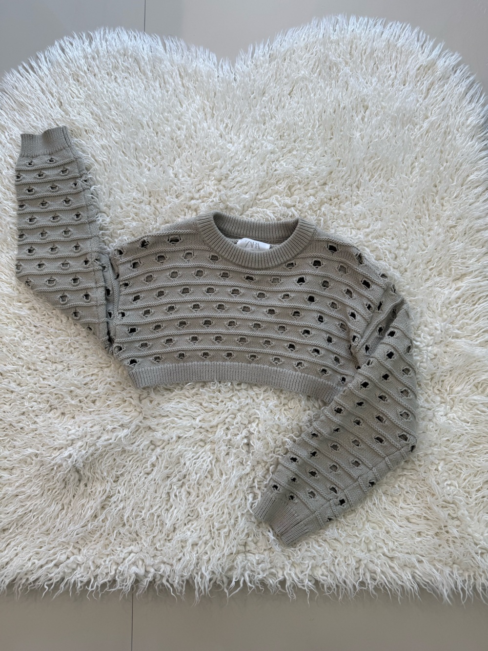 Zara Cropped Open-Knit Crewneck Sweater in Light Gray